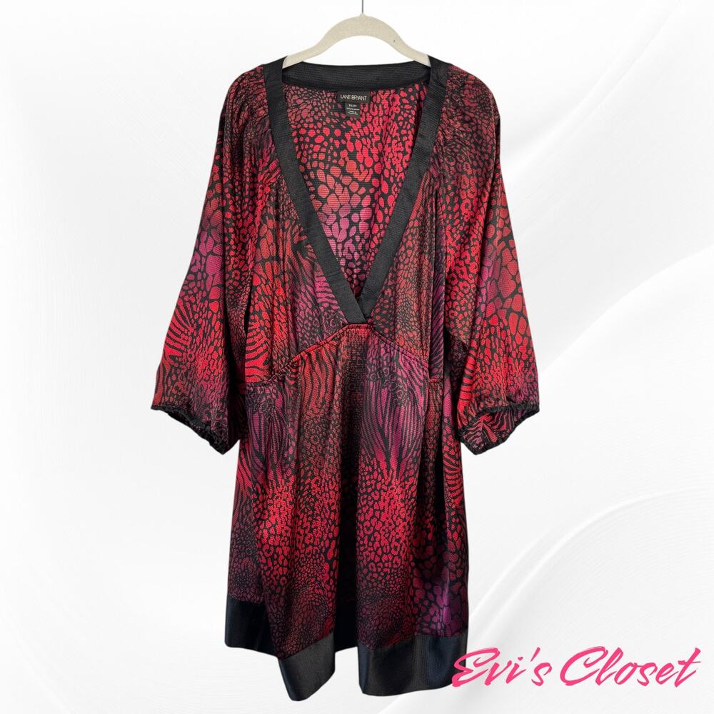 Lane Bryant Red And Black Patterned Plus Sz 22 24 Dress Tunic Prominent V Neck
